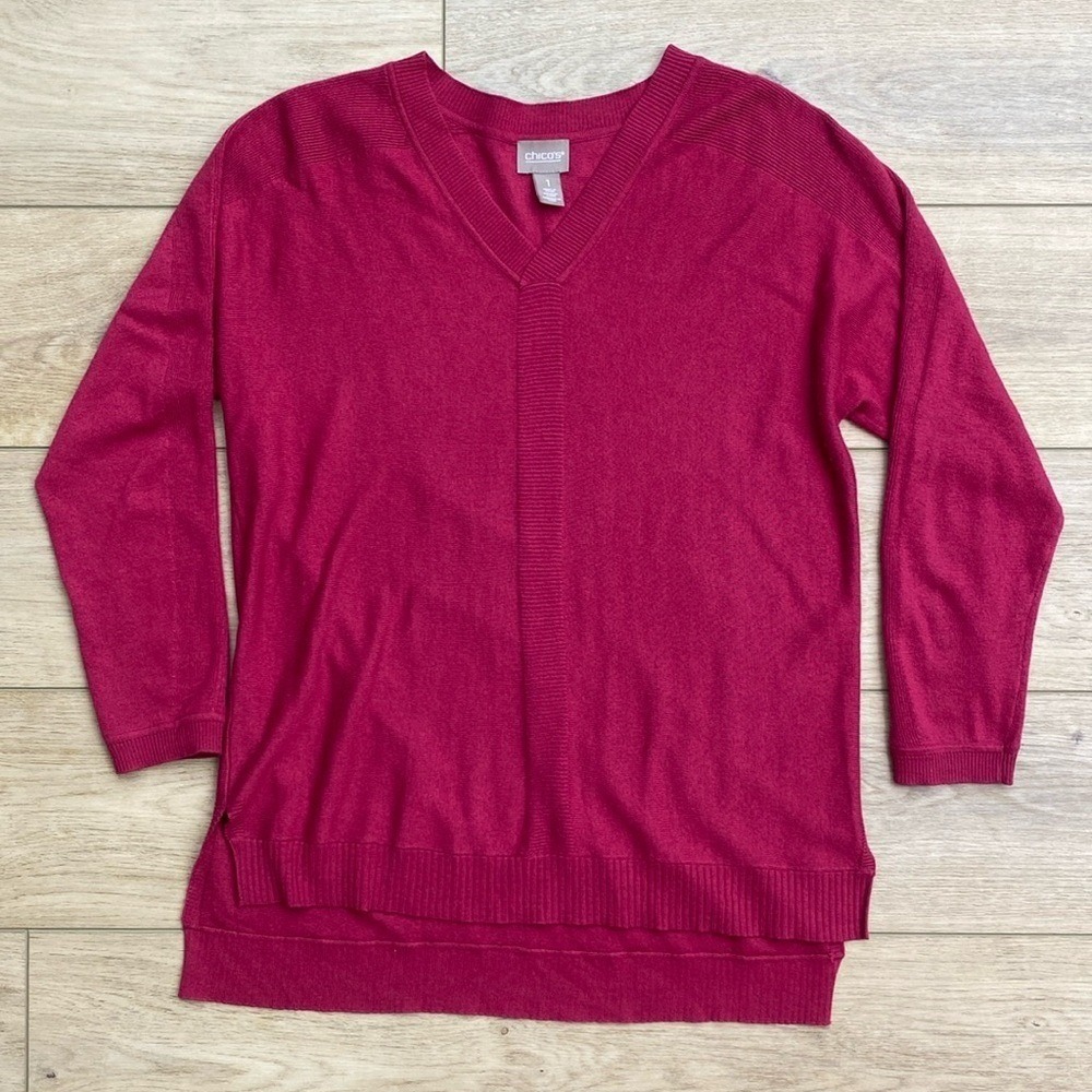 Chico's V Neck‎ Sweater Berry Pink Soft Lightweight Cashmere Blend